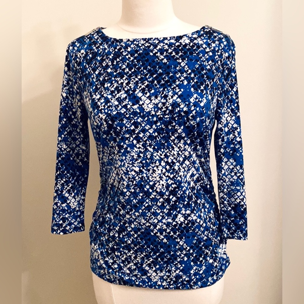 Chaus New York Black White Blue Print Zipper Long Sleeve Ruched Casual Top SZ S